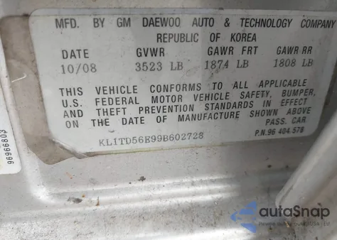 2009 Chevrolet Aveo Lt from USA, damaged, VIN KL1TD56E99B602728